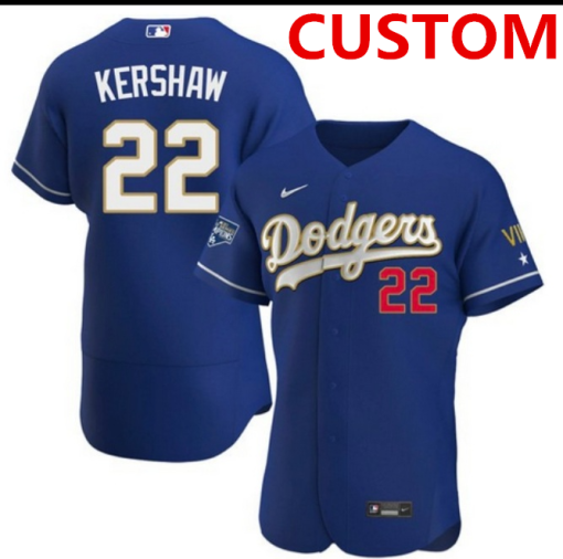 Custom Men Los Angeles Dodgers Championship Gold Trim Blue Limited All Stitched Flex Base Jersey