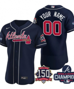 Custom Navy Atlanta Braves Active Player 2021 World Series Champions With 150th Anniversary Flex Base Stitched Jersey
