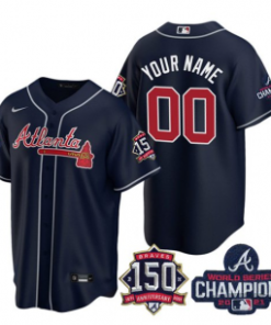 Custom Navy Atlanta Braves Active Player 2021 World Series Chimpions With 150th Anniversary Cool Base Stitched Jersey