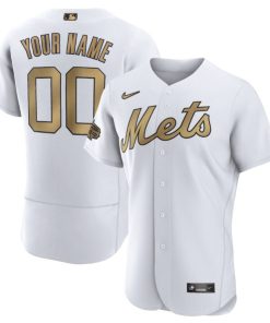 Custom  New York Mets White Gold Stitched Flex Base Jersey