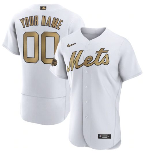 Custom  New York Mets White Gold Stitched Flex Base Jersey