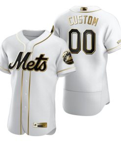 Custom New York Mets White Gold Stitched Flex Base Jersey