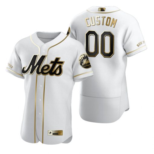 Custom New York Mets White Gold Stitched Flex Base Jersey