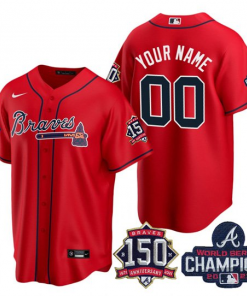 Custom Red Atlanta Braves Active Player 2021 World Series Chimpions With 150th Anniversary Cool Base Stitched Jersey