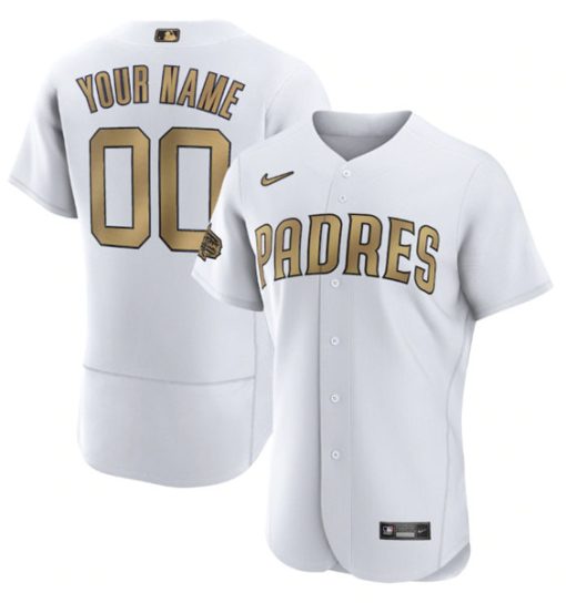 Custom San Diego Padres White Gold Stitched Flex Base Jersey