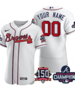 Custom White Atlanta Braves Active Player 2021 World Series Champions With 150th Anniversary Flex Base Stitched Jersey