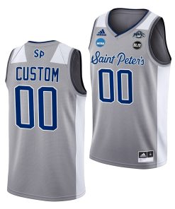 Custom Saint Peter's Peacocks 2022 NCAA March Madness Uniform Grey Sweet 16 Jersey