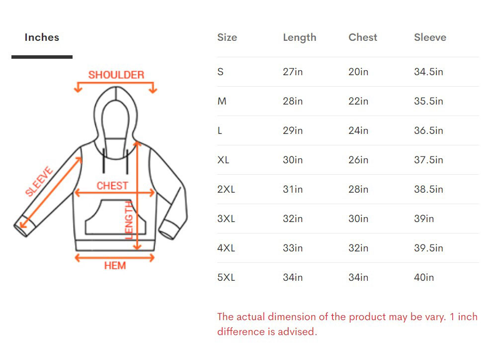 Unisex Hoodie size chart