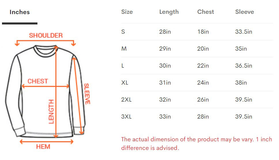 Unisex Long Sleeve size chart