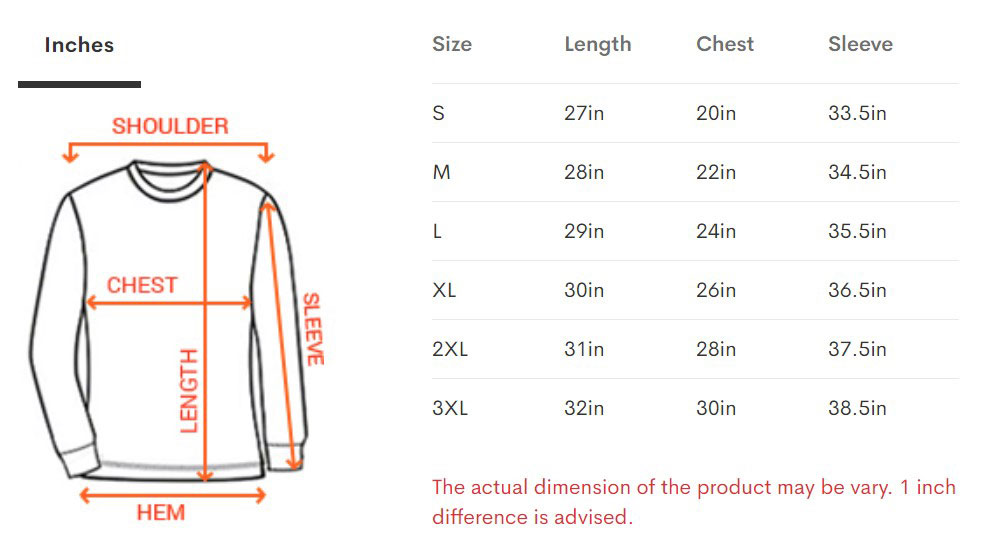 Unisex Crewneck Sweatshirt size chart