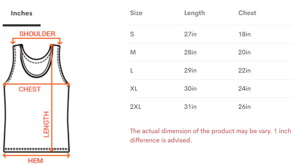 Unisex Tank Top size chart