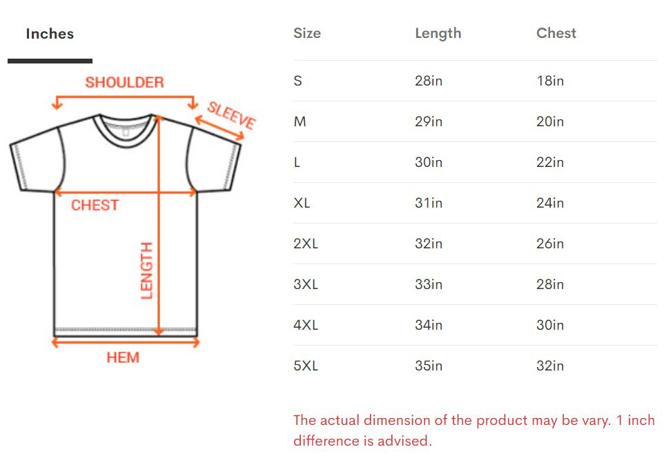 Unisex Tee size chart